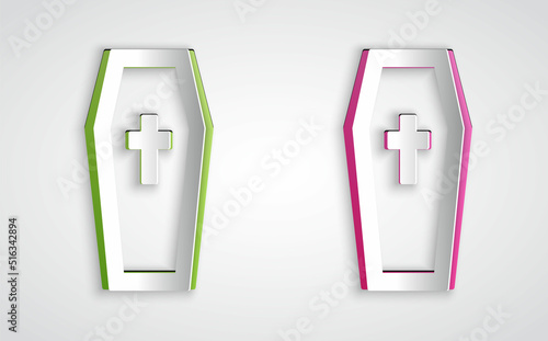Paper cut Coffin with christian cross icon isolated on grey background. Happy Halloween party. Paper art style. Vector