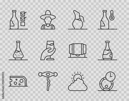 Set line Cheese, Wooden barrel for wine, Decanter, Wine corkscrew, Bottle of, tasting, degustation, Sun and cloud weather and icon. Vector