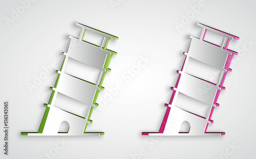 Paper cut Leaning tower in Pisa icon isolated on grey background. Italy symbol. Paper art style. Vector