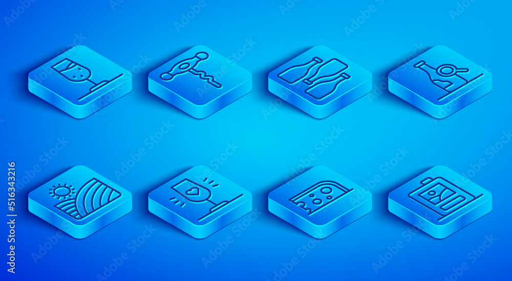 Set line Wine glass, corkscrew, Bottles of wine, Cheese, Vineyard grapes and Cardboard box icon. Vector Set line Wine glass, corkscrew, Bottles of wine, Cheese, Vineyard grapes and Cardboard box icon. Vector