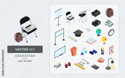 vector set of school and college equipment isolated isometric education elements. Color Editable Eps 10.