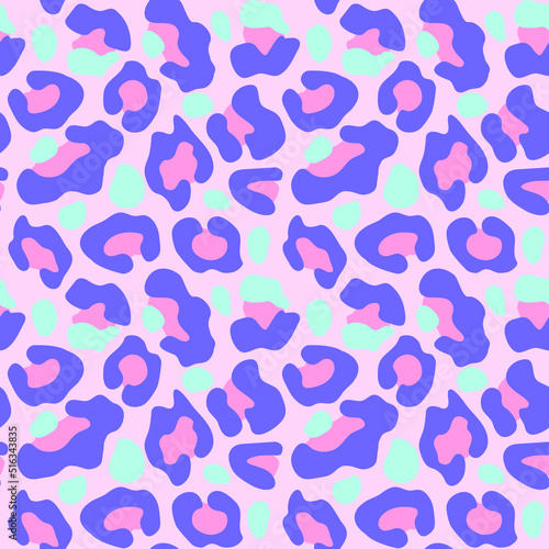 Seamless pink leopard pattern. Trendy gepard, leopard print in violet, blue and pink colour. Animal print background for design, fabric, textile, advertising banner. Vector illustration.