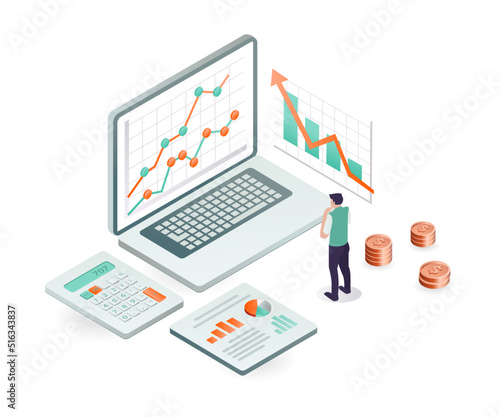 Isometric design concept data analysis of business development and earnings