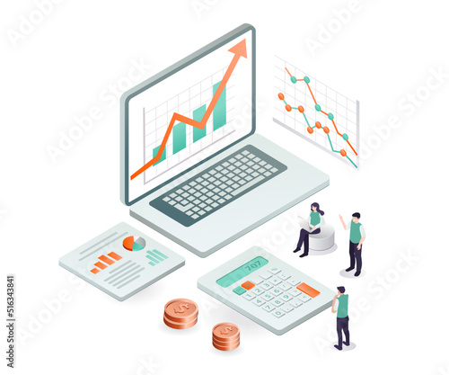 Isometric design concept data analysis of business development and earnings