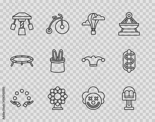 Set line Juggling ball, Attraction carousel, Hot air balloon, Ferris wheel, Magician hat and rabbit ears, Clown head and Hotdog sandwich icon. Vector