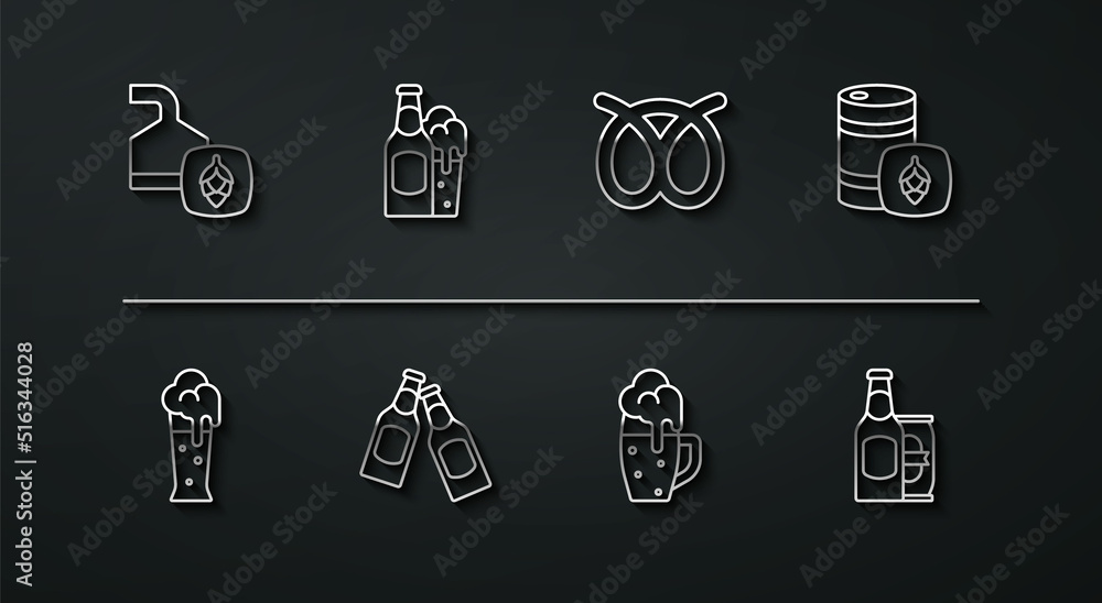 Set line Beer brewing process, Glass of beer, Metal keg, bottle, and glass, can and Pretzel icon. Vector Set line Beer brewing process, Glass of beer, Metal keg, bottle, and glass, can and Pretzel icon. Vector