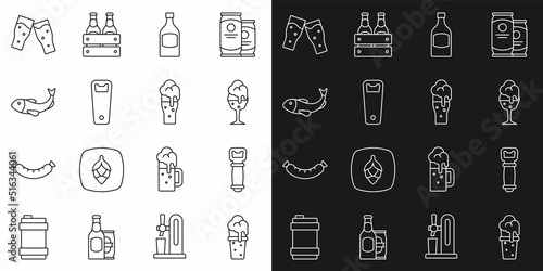 Set line Glass of beer, Bottle opener, Beer bottle, Dried fish, and icon. Vector