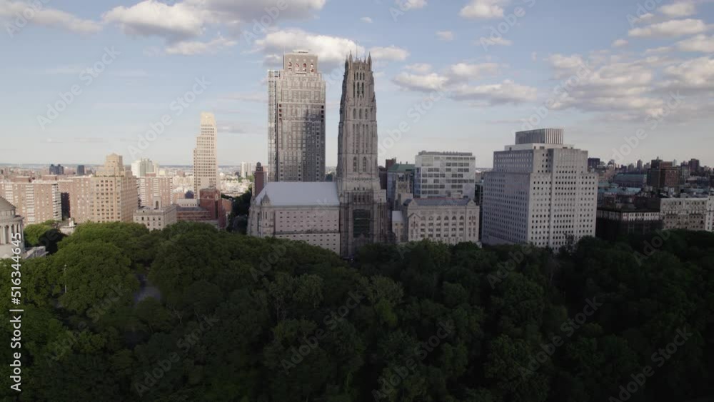 Aerial view in front of the Riverside Church, summer in NYC, USA - ascending, tilt drone shot Aerial view in front of the Riverside Church, summer in NYC, USA - ascending, tilt drone shot