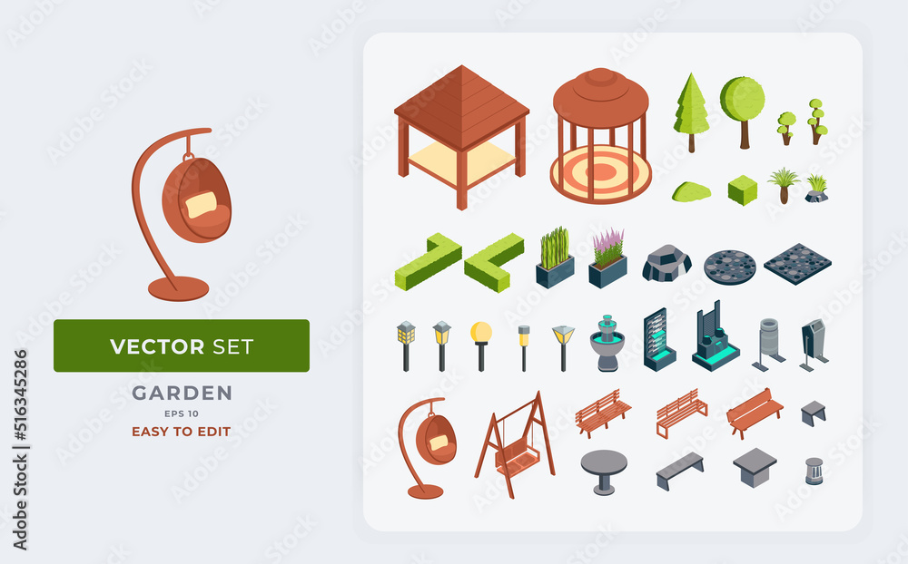 vector set of isometric garden elements home garden room decoration and ...
