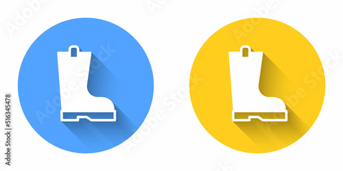 White Waterproof rubber boot icon isolated with long shadow background. Gumboots for rainy weather, fishing, gardening. Circle button. Vector
