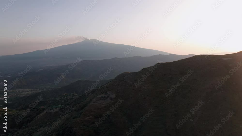 Panning drone shot of volcano near Castelmola in Sicily Italy Panning drone shot of volcano near Castelmola in Sicily Italy
