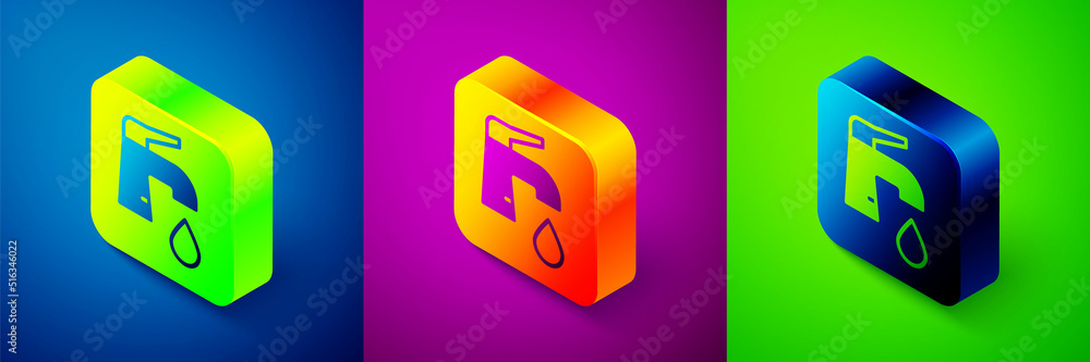 Isometric Water tap icon isolated on blue, purple and green background. Square button. Vector Isometric Water tap icon isolated on blue, purple and green background. Square button. Vector