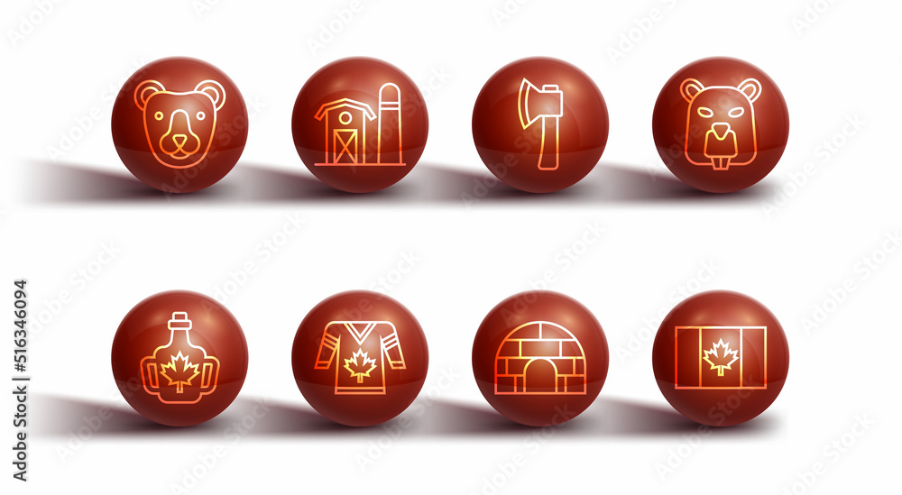 Set line Bear head, Bottle of maple syrup, Beaver animal, Igloo ice house, Hockey jersey, Farm, Flag Canada and Wooden axe icon. Vector Set line Bear head, Bottle of maple syrup, Beaver animal, Igloo ice house, Hockey jersey, Farm, Flag Canada and Wooden axe icon. Vector
