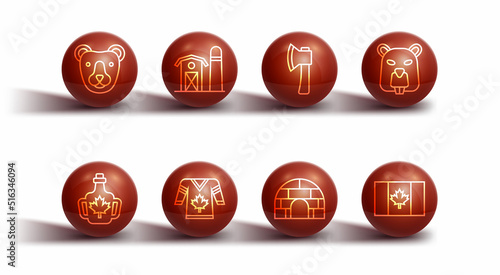 Set line Bear head, Bottle of maple syrup, Beaver animal, Igloo ice house, Hockey jersey, Farm, Flag Canada and Wooden axe icon. Vector