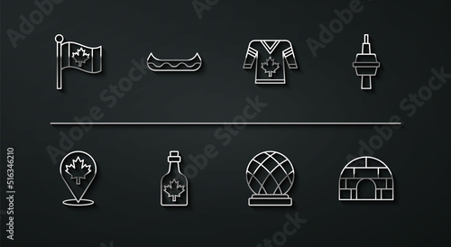Set line Flag of Canada, Canadian maple leaf, TV CN Tower in Toronto, Montreal Biosphere, Bottle syrup, Kayak, Igloo ice house and Hockey jersey icon. Vector