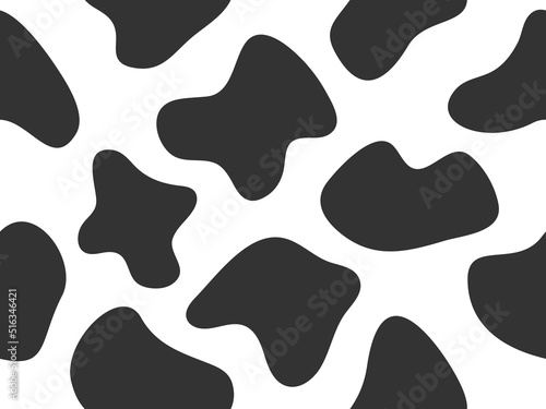 Cow animal skin seamless pattern. Hand drawn spots backdrop. Abstract random black shapes. Vector illustration isolated on white.