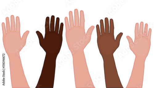 Vector of hands up in the air isolated. Election. Voting. Raised hands of different nationalities.