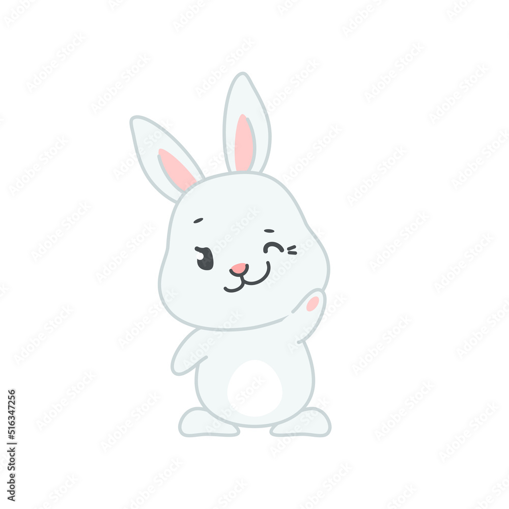 Cute smiling bunny with winking eye. Flat cartoon illustration of a funny little rabbit isolated on a white background. Vector 10 EPS. Cute smiling bunny with winking eye. Flat cartoon illustration of a funny little rabbit isolated on a white background. Vector 10 EPS.