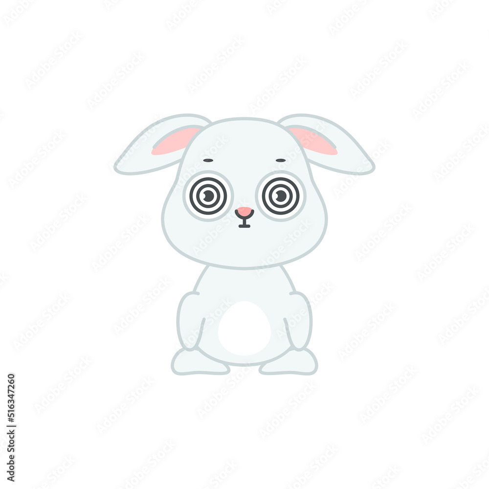 Cute dizzy bunny. Flat cartoon illustration of a funny little gray