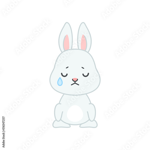 Cute crying bunny. Flat cartoon illustration of a little gray sad rabbit isolated on a white background. Vector 10 EPS.