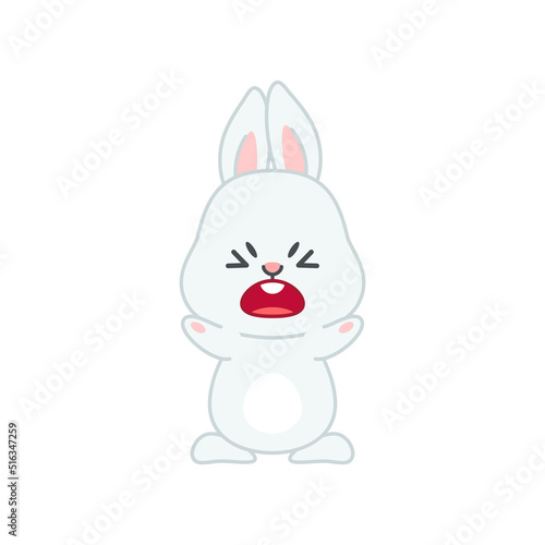 Cute angry bunny. Flat cartoon illustration of a funny little gray rabbit screaming with anger isolated on a white background. Vector 10 EPS.