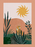 Tygrys w dżungli, na tle słońca i roślin, minimalistyczna nowoczesna ilustracja.