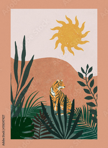 Tygrys w dżungli, na tle słońca i roślin, minimalistyczna nowoczesna ilustracja.