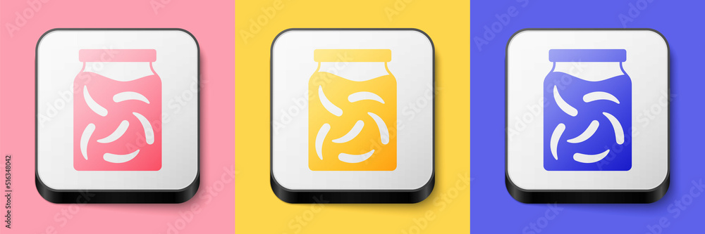 Isometric Pickled cucumbers in a jar icon isolated on pink, yellow and blue background. Square button. Vector Isometric Pickled cucumbers in a jar icon isolated on pink, yellow and blue background. Square button. Vector