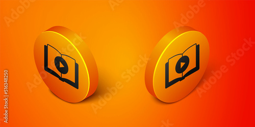 Isometric Audio book icon isolated on orange background. Play button and book. Audio guide sign. Online learning concept. Orange circle button. Vector
