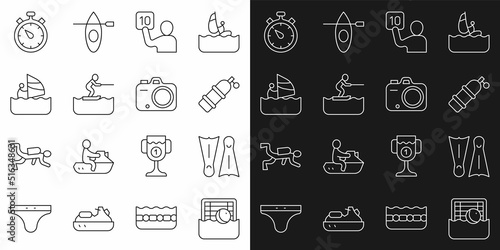 Set line Water polo, Flippers for swimming, Aqualung, Assessment of judges, skiing man, Windsurfing, Stopwatch and Photo camera icon. Vector