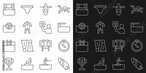 Set line Surfboard, Compass, Diving or springboard, Kayak and paddle, Wetsuit for scuba diving, Water polo, volleyball net and Assessment of judges icon. Vector