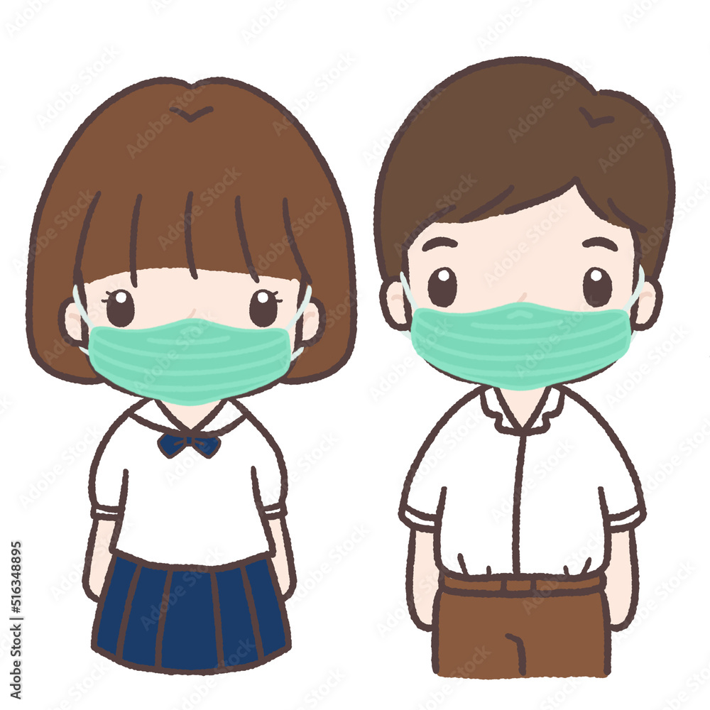 Girl and boy students wearing face masks