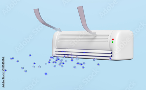 3d air conditioner system with anion, ozone, arrow air flows shows isolated on blue background. 3d render illustration photo