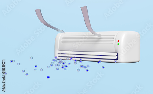 3d air conditioner system with anion, ozone, arrow air flows shows isolated on blue background. 3d render illustration