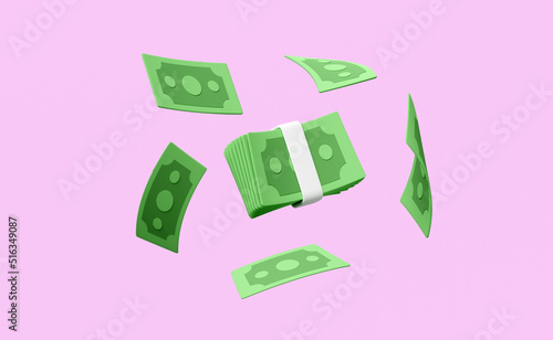 Billede på lærred 3d render illustration, 3d dollar banknote stack with flying banknotes isolated on pink background