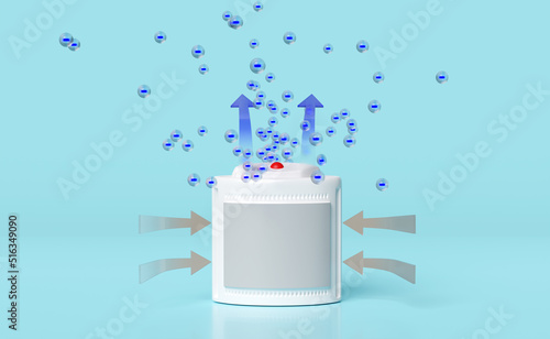 3d air purifier, dehumidifier, misting fans with electron anion, ozone, arrow air flows shows isolated on blue background. 3d render illustration, allergy prevention concept photo