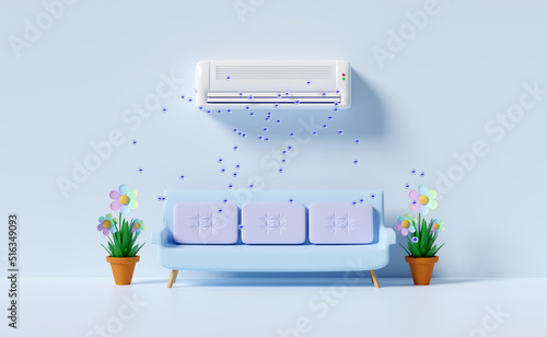 Fotografía 3d air conditioner system with anion, ozone, arrow air flows shows, bench or sofa in room isolated on blue background