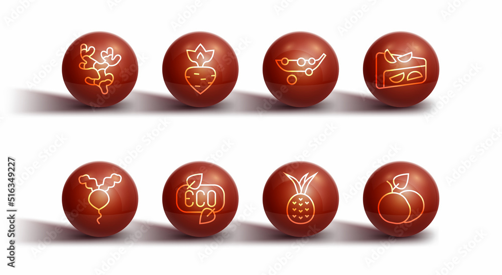 Set line Ginger root, Radish, Homemade fruit pie, Pineapple, Leaf Eco symbol, Turnip, Mango and Peas icon. Vector Set line Ginger root, Radish, Homemade fruit pie, Pineapple, Leaf Eco symbol, Turnip, Mango and Peas icon. Vector