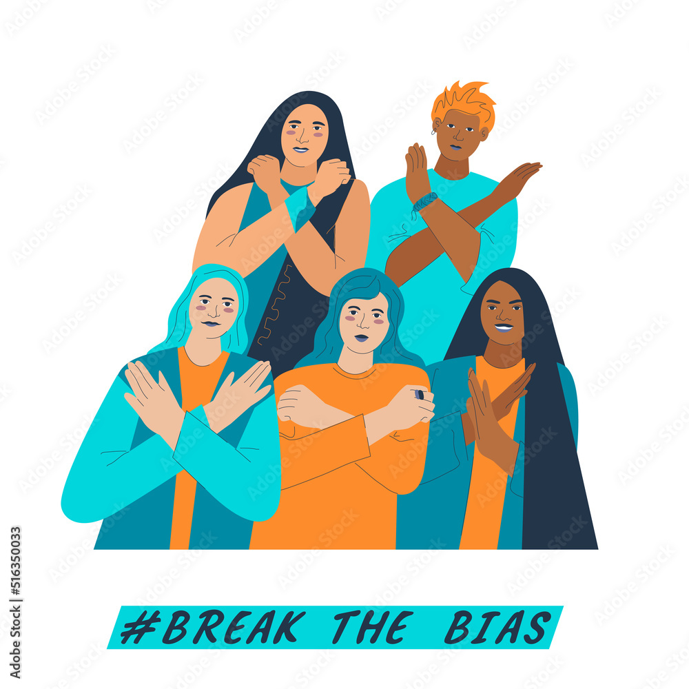 Break the bias female group. Womens international day. Movement against discrimination, inequality, stereotypes. Womens rights concept. Ethnical diversity persons crossed arms flat Break the bias female group. Womens international day. Movement against discrimination, inequality, stereotypes. Womens rights concept. Ethnical diversity persons crossed arms flat