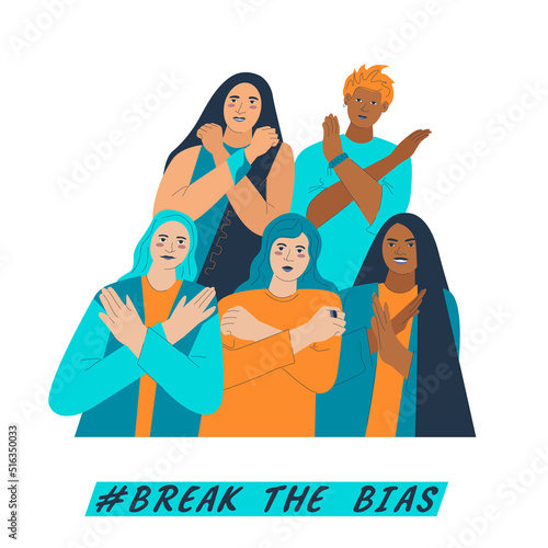 Break the bias female group. Womens international day. Movement against discrimination, inequality, stereotypes. Womens rights concept. Ethnical diversity persons crossed arms flat