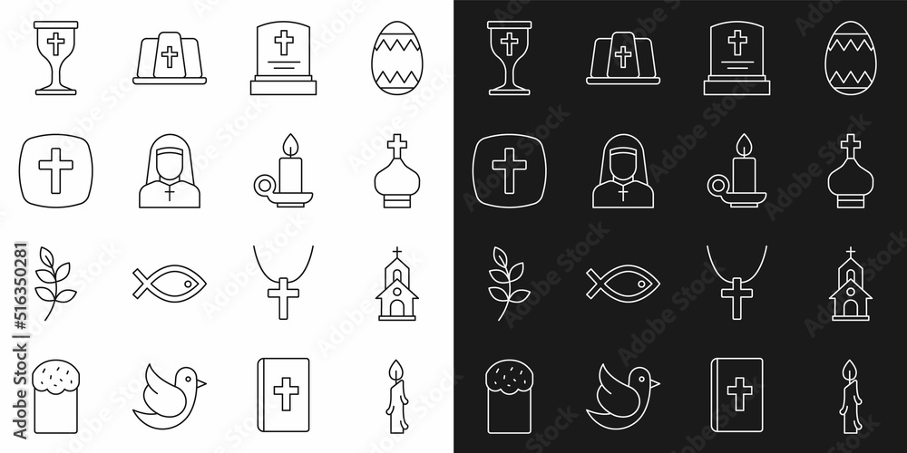 Set line Burning candle, Church building, Christian church tower, Grave with tombstone, Nun, cross, chalice and candlestick icon. Vector