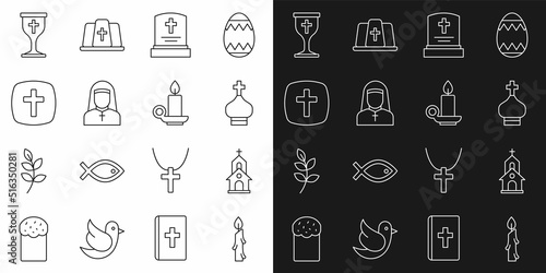 Set line Burning candle, Church building, Christian church tower, Grave with tombstone, Nun, cross, chalice and candlestick icon. Vector