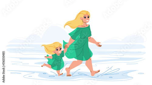 mother daughter beach vector. family happy summer, sea vacation, woman kid, travel holiday mother daughter beach character. people flat cartoon illustration