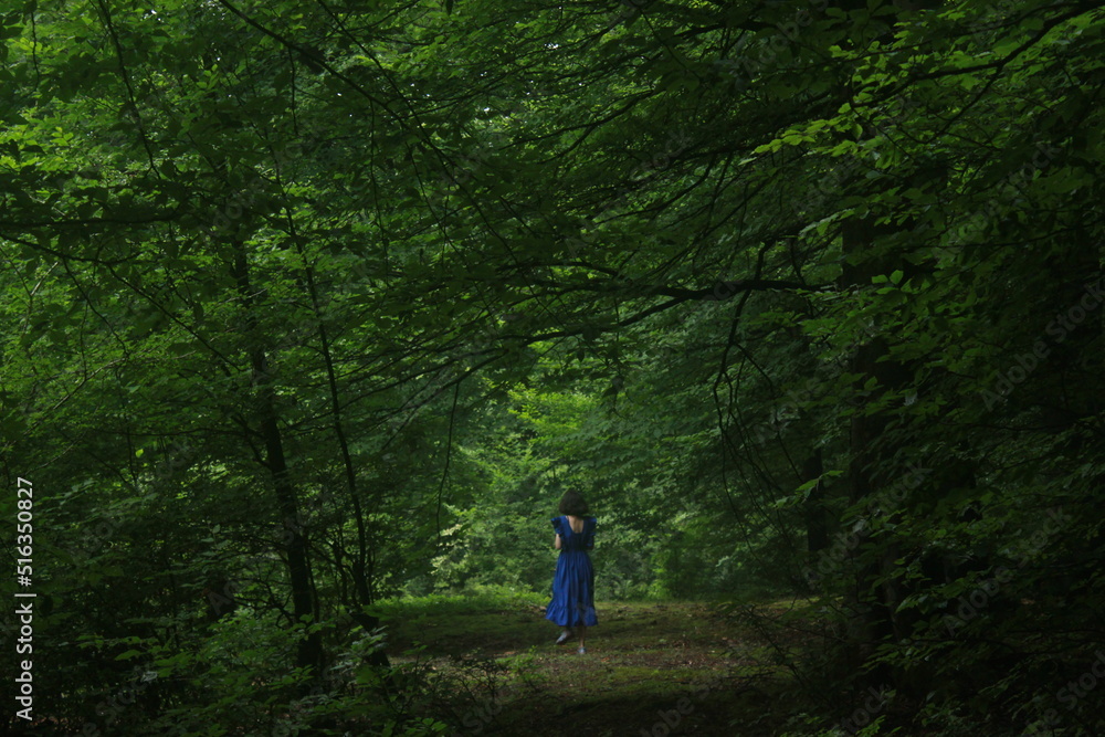 girl in a blue dress walking in forest girl in a blue dress walking in forest