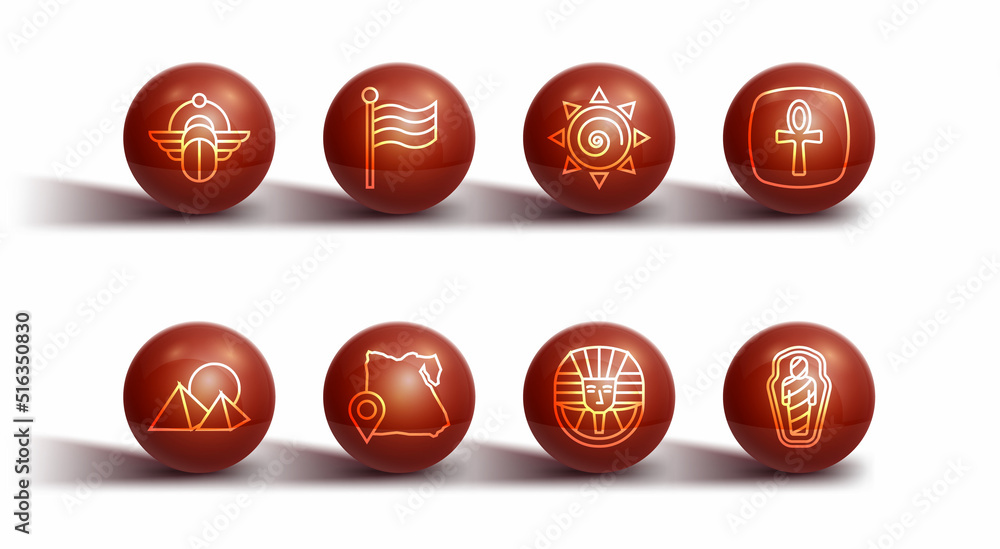 Set line Egyptian Scarab, pyramids, Cross ankh, pharaoh, Map of, Flag Of, mummy in sarcophagus and Sun icon. Vector Set line Egyptian Scarab, pyramids, Cross ankh, pharaoh, Map of, Flag Of, mummy in sarcophagus and Sun icon. Vector