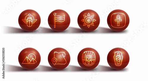 Set line Egyptian Scarab, pyramids, Cross ankh, pharaoh, Map of, Flag Of, mummy in sarcophagus and Sun icon. Vector