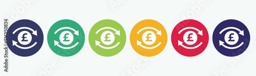 Pound sterling currency exchange symbols on bright colored buttons. Vector icons set