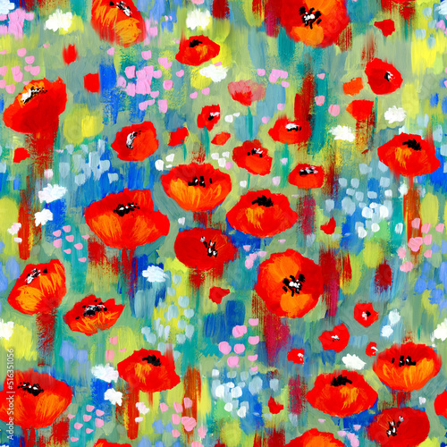 Colorful summer illustration with green onions and wild flowers. Poppies in green grass  pink and white small flowers. Painting with paint  brush strokes  impressionism. Seamless pattern