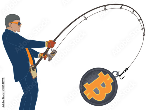 businessman fishing for currency, catching bitcoin isolated on white background