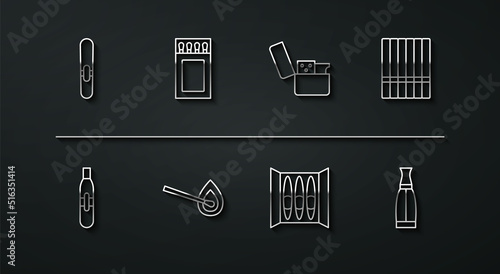 Set line Cigar, Electronic cigarette, Cigarette, Burning match with fire, Matchbox and matches, Vape liquid bottle and Lighter icon. Vector